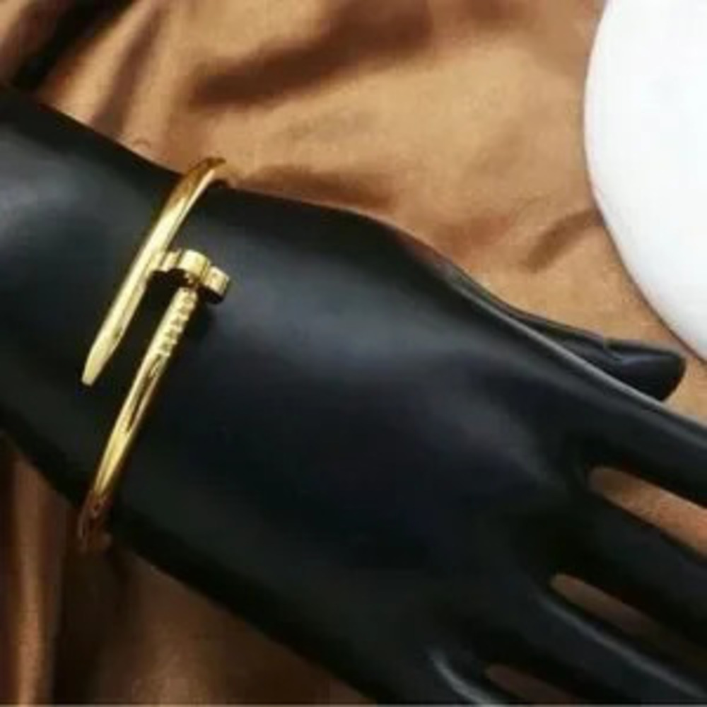 Gold Plated Stainless Steel Nail Bangle Bracelet Clover Detail